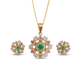 Gold-Plated Emerald & White Stone Floral Pendant Set